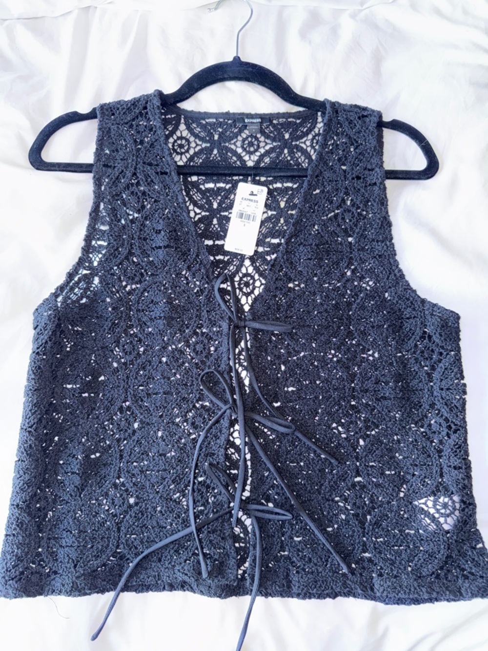 Express Crochet Lace Tie-Front Vest - Black